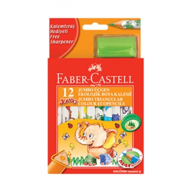 Faber-Castell Jumbo Üçgen Beyaz Gövde Boya Kalemi, 12 Renk Yarim Boy -...